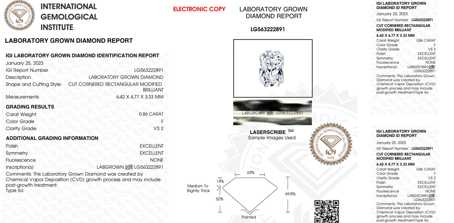 Diamante lab grown en corte rectangular de .86qts