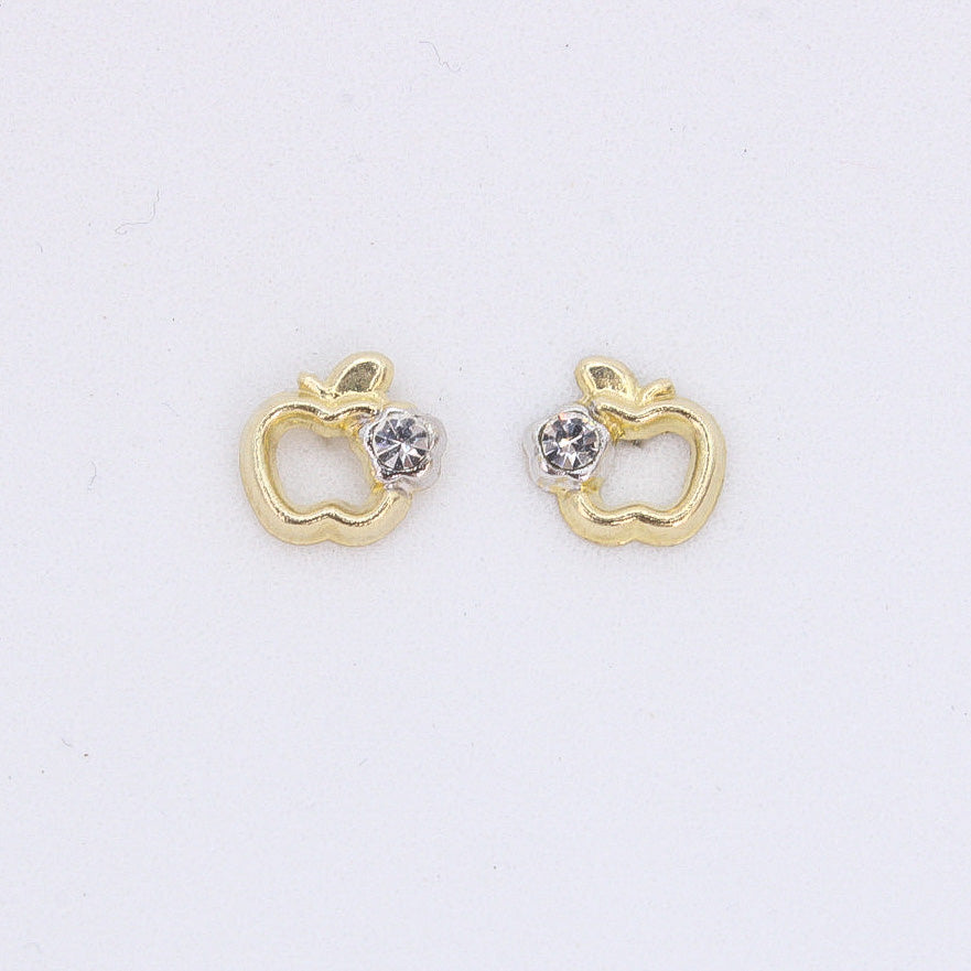 Broquel manzana con zirconia en oro amarillo 14k.